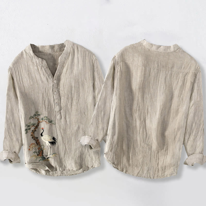 Tactile Cotton Linen Crane Print Stand Collar Mindful Shirt
