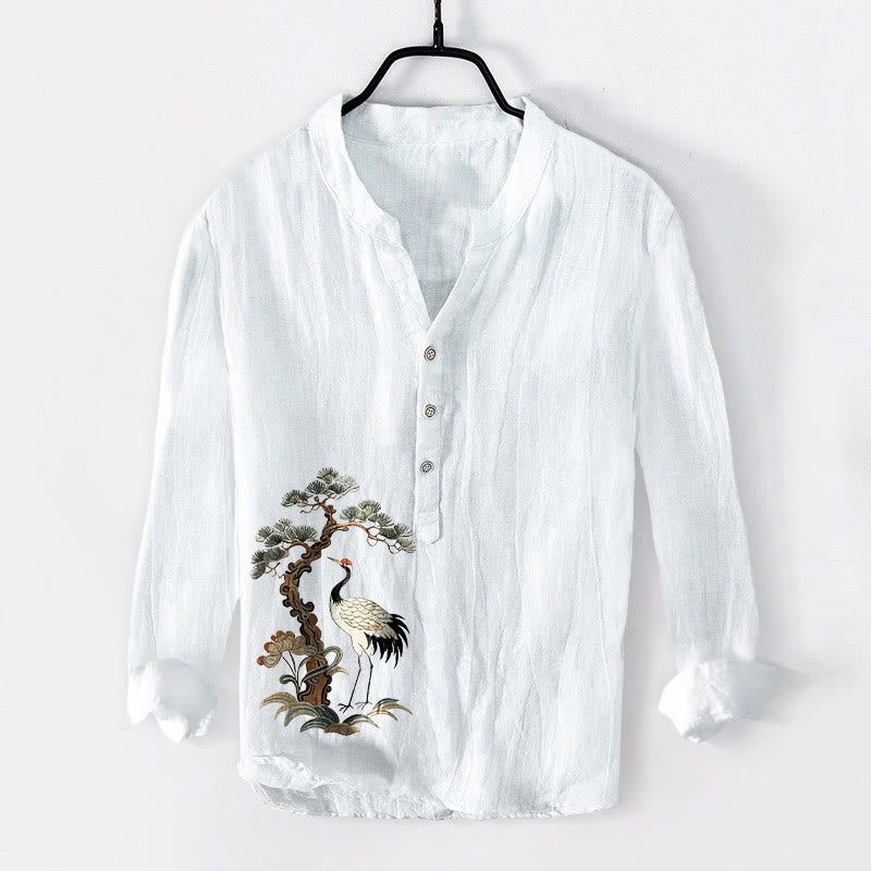 Tactile Cotton Linen Crane Print Stand Collar Mindful Shirt