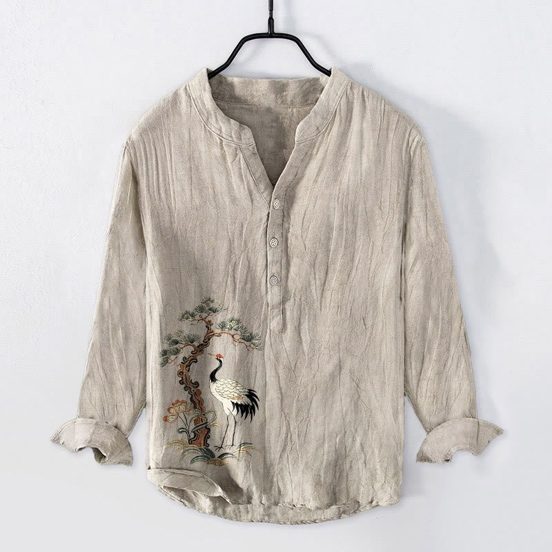 Tactile Cotton Linen Crane Print Stand Collar Mindful Shirt