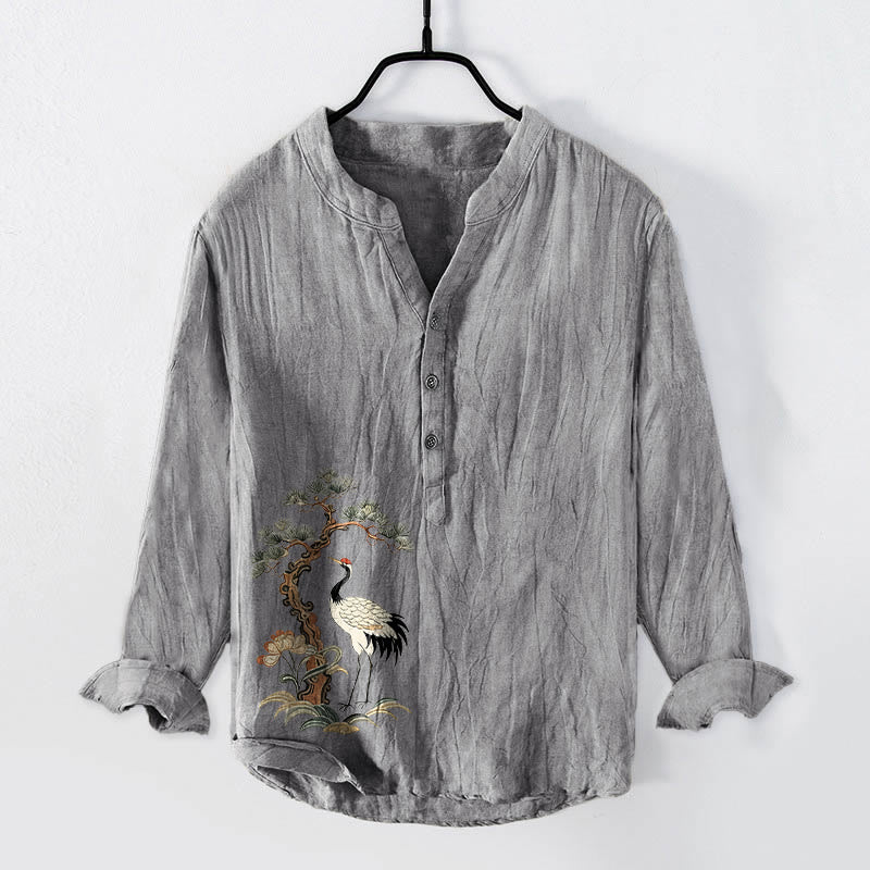 Tactile Cotton Linen Crane Print Stand Collar Mindful Shirt