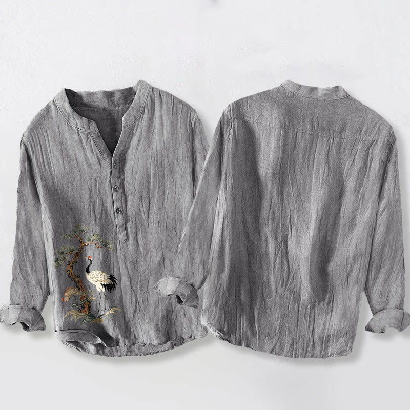 Tactile Cotton Linen Crane Print Stand Collar Mindful Shirt
