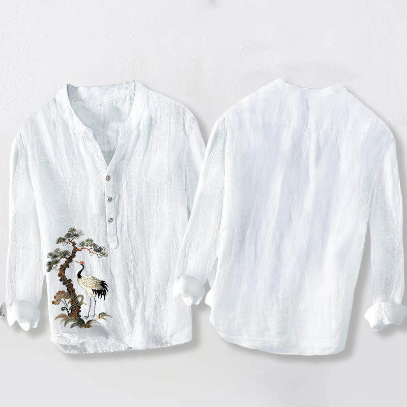 Tactile Cotton Linen Crane Print Stand Collar Mindful Shirt