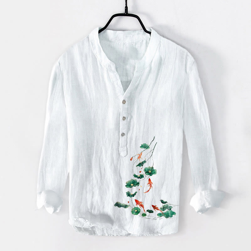 Tactile Cotton Linen Koi Print Stand Collar Meditation Shirt