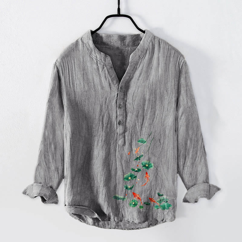 Tactile Cotton Linen Koi Print Stand Collar Meditation Shirt