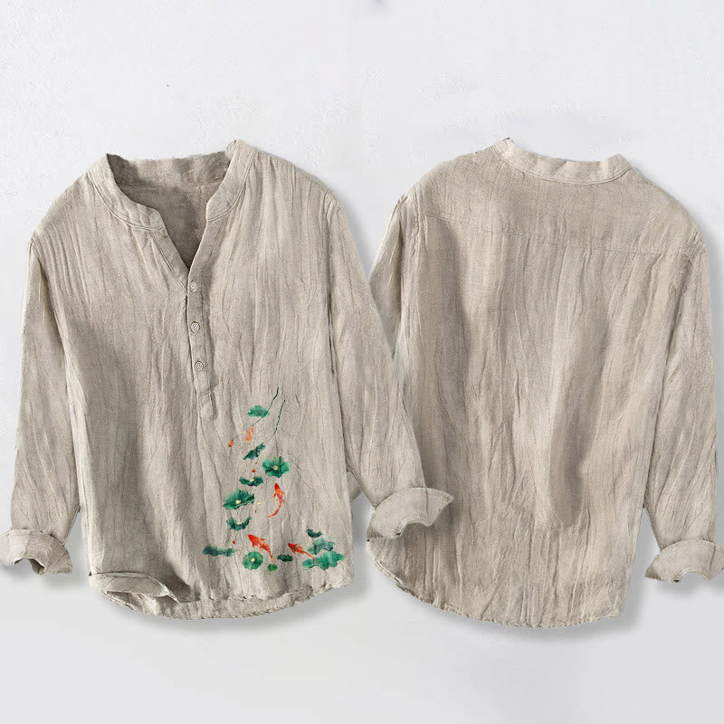 Tactile Cotton Linen Koi Print Stand Collar Meditation Shirt