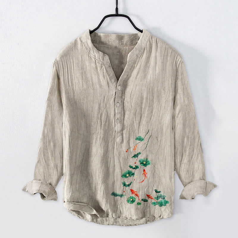 Tactile Cotton Linen Koi Print Stand Collar Meditation Shirt