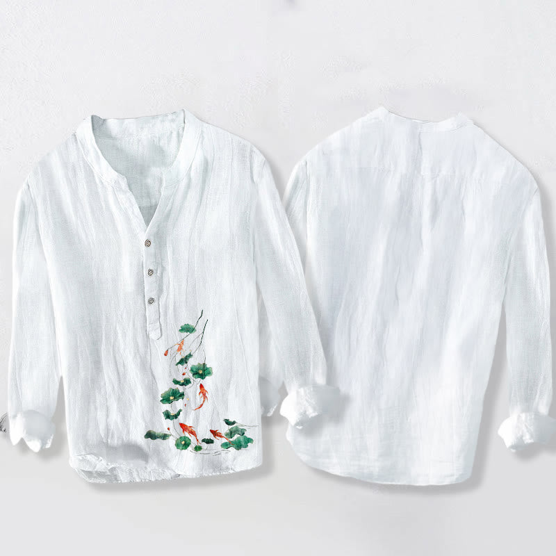 Tactile Cotton Linen Koi Print Stand Collar Meditation Shirt