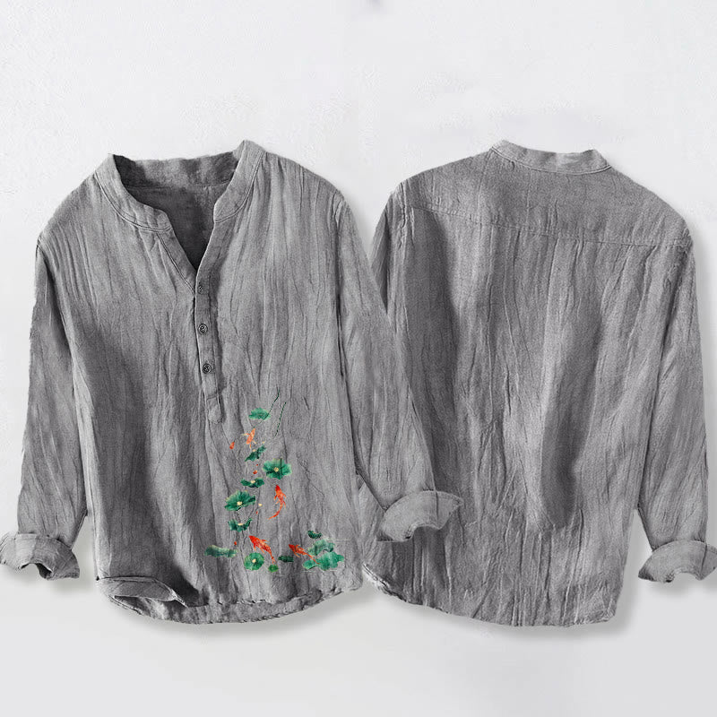 Tactile Cotton Linen Koi Print Stand Collar Meditation Shirt