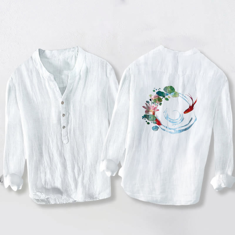 Cotton Linen Stand Collar Koi Print Mindful Meditation Shirt