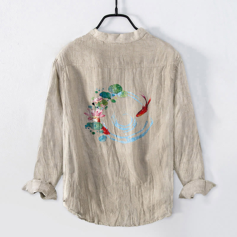 Cotton Linen Stand Collar Koi Print Mindful Meditation Shirt