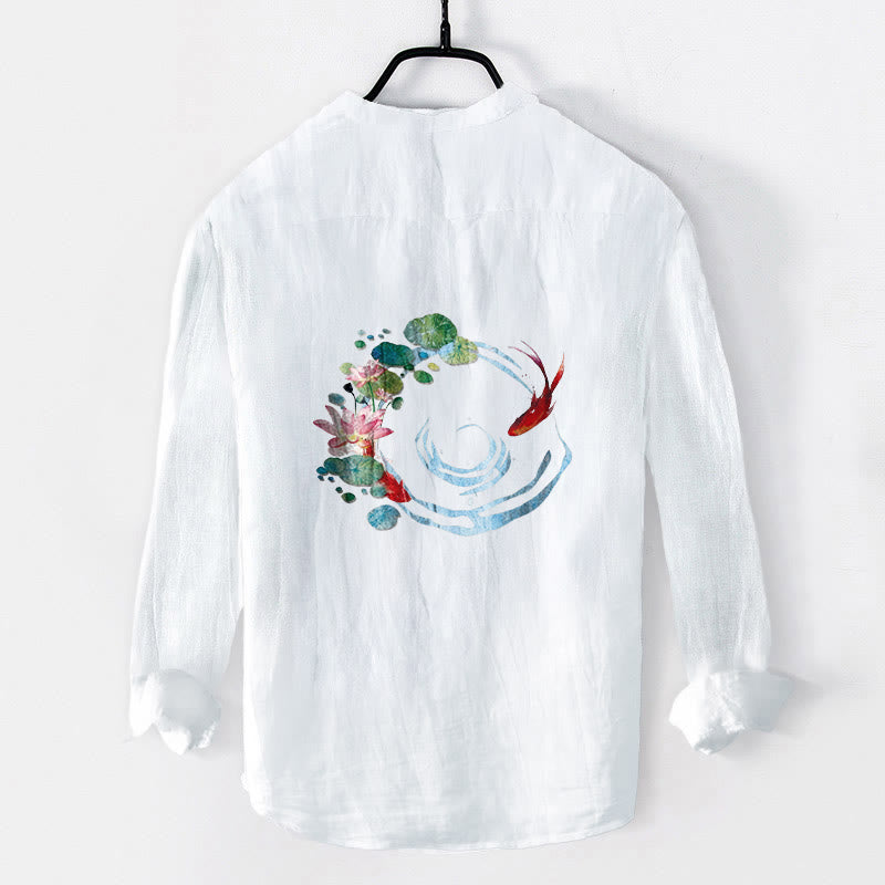 Cotton Linen Stand Collar Koi Print Mindful Meditation Shirt