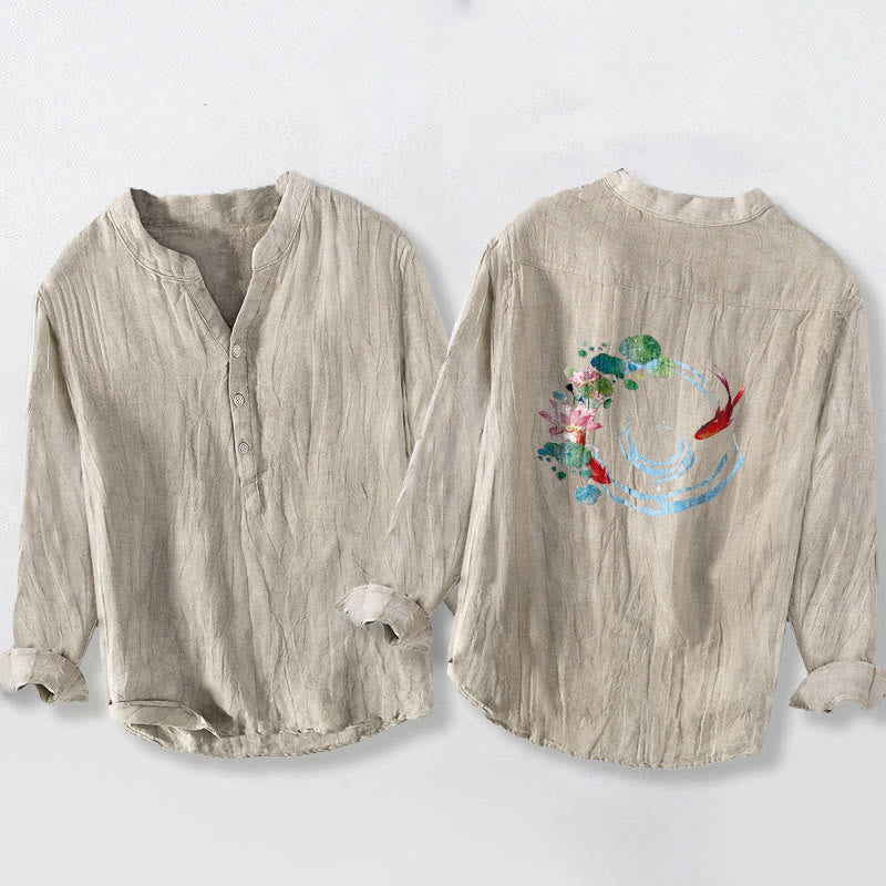 Cotton Linen Stand Collar Koi Print Mindful Meditation Shirt