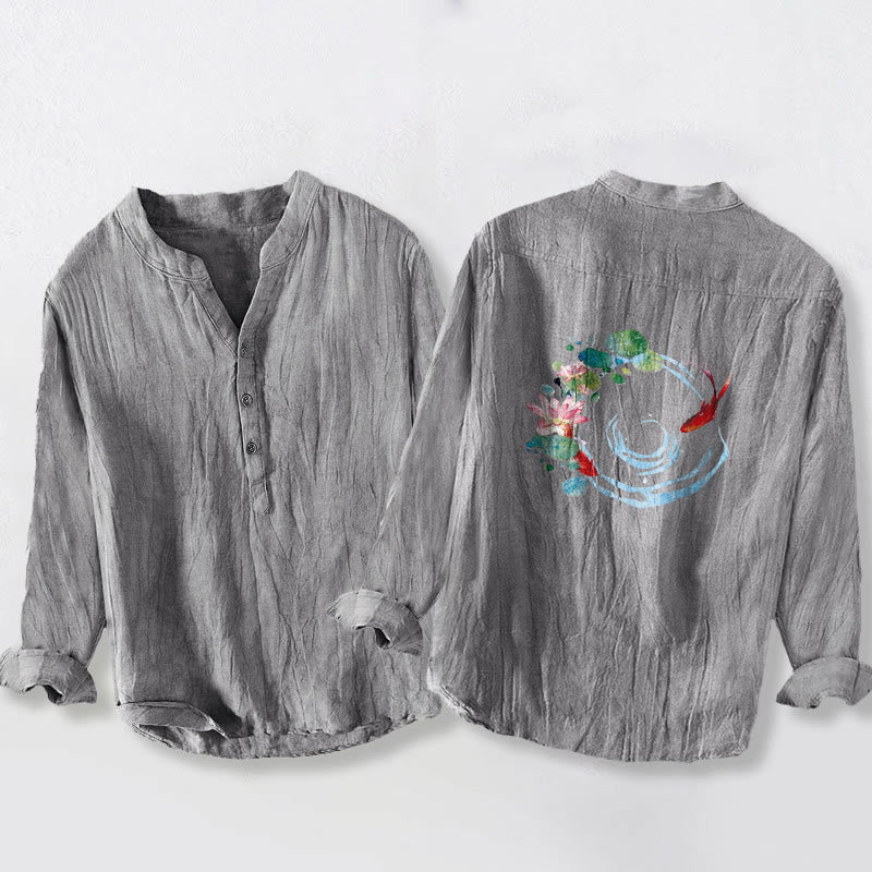 Cotton Linen Stand Collar Koi Print Mindful Meditation Shirt
