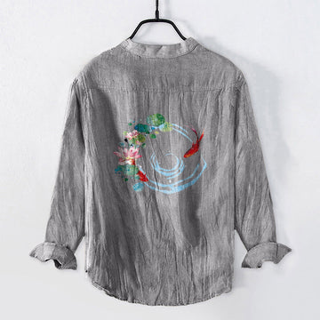 Cotton Linen Stand Collar Koi Print Mindful Meditation Shirt