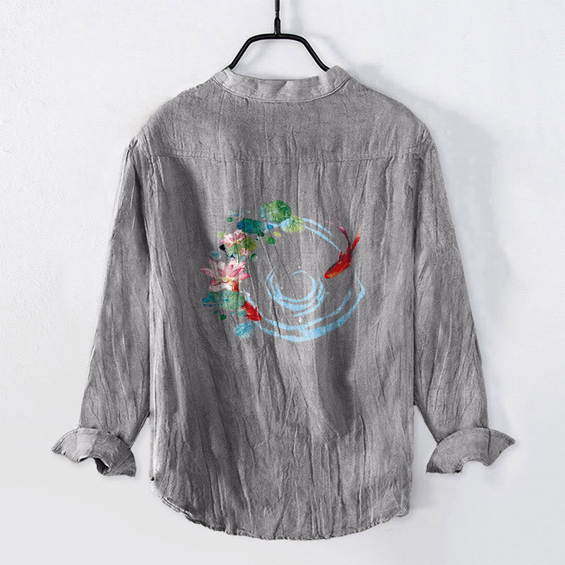 Cotton Linen Stand Collar Koi Print Mindful Meditation Shirt