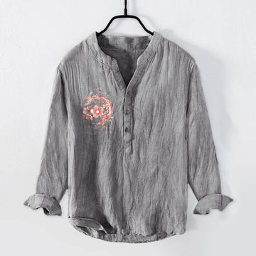 Cotton Linen Stand Collar Dragon Print Men's Shirt