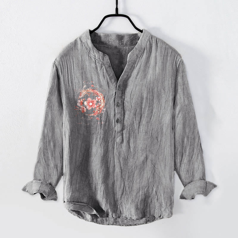 Cotton Linen Stand Collar Dragon Print Men's Shirt
