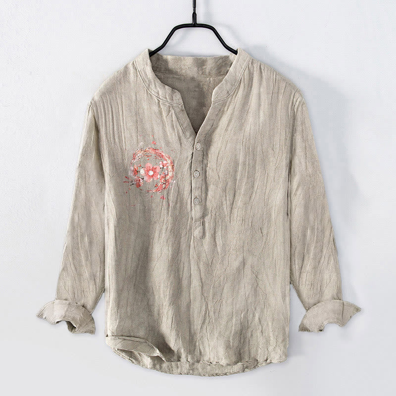 Cotton Linen Stand Collar Dragon Print Men's Shirt