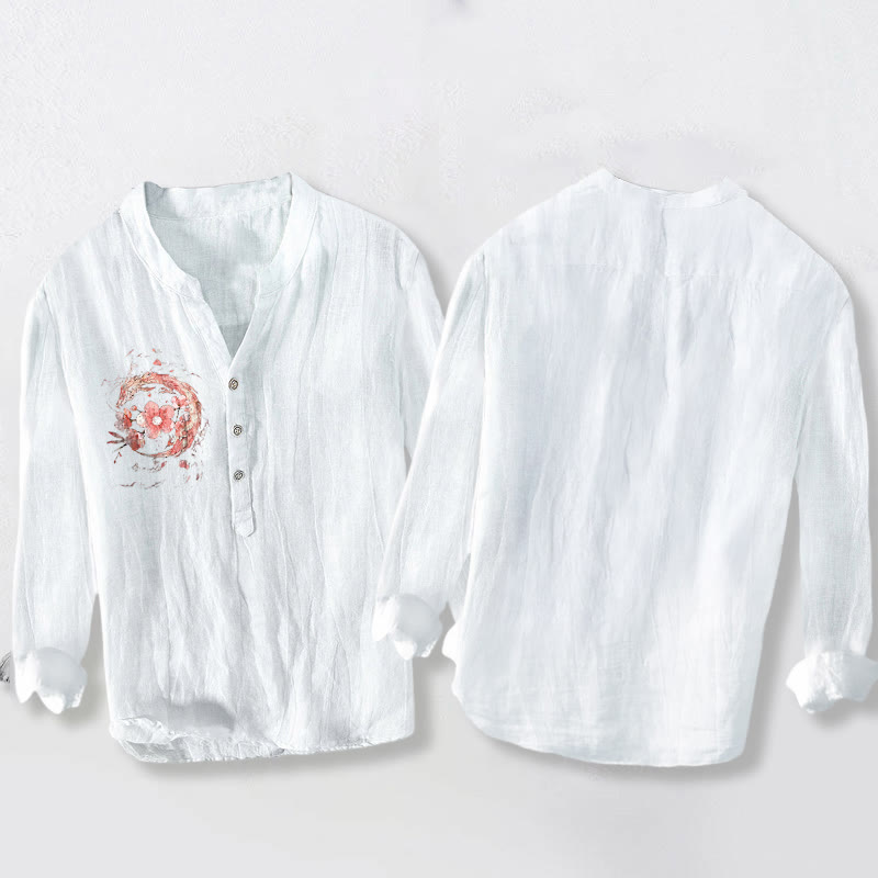 Cotton Linen Stand Collar Dragon Print Men's Shirt