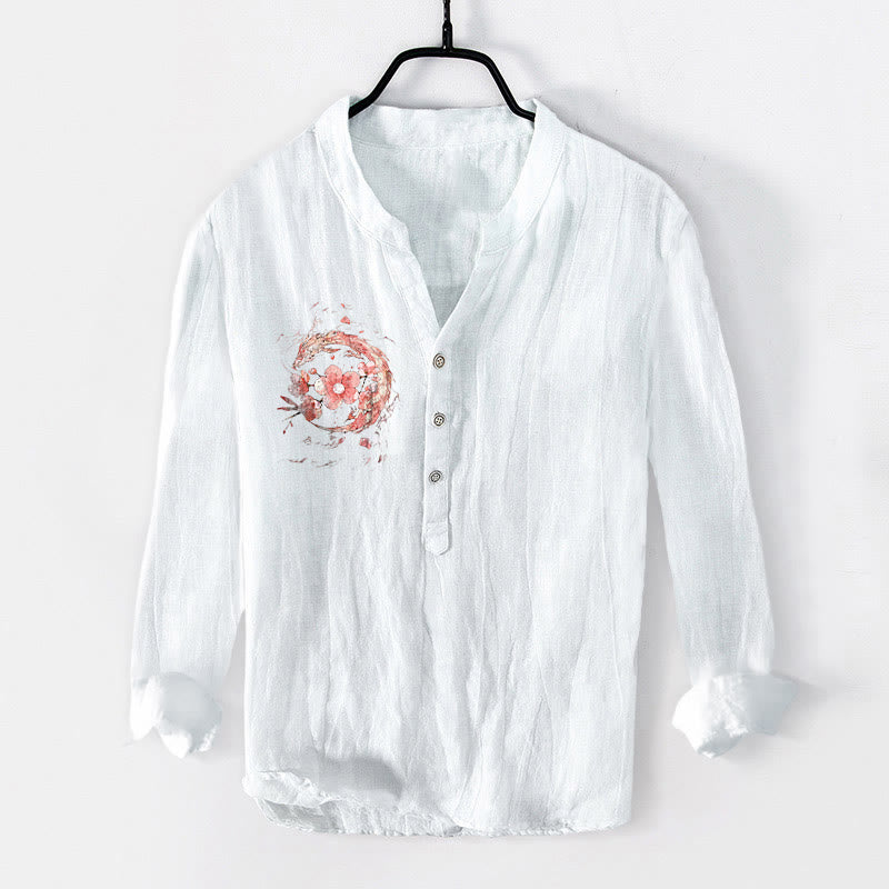 Cotton Linen Stand Collar Dragon Print Men's Shirt