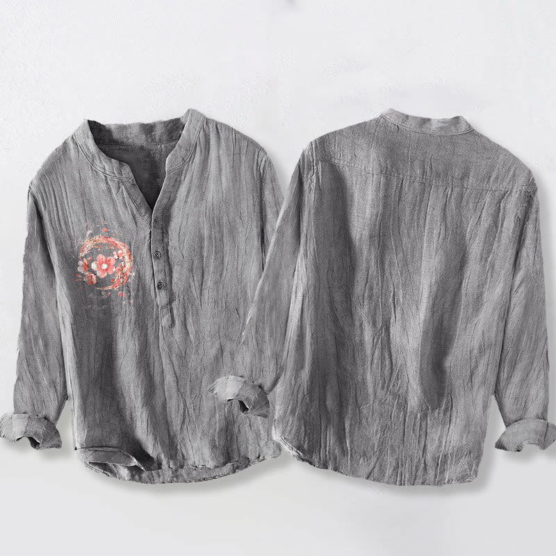 Cotton Linen Stand Collar Dragon Print Men's Shirt