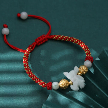 Handmade Jade & Sterling Silver Chinese Zodiac Red String Adjustable Bracelet