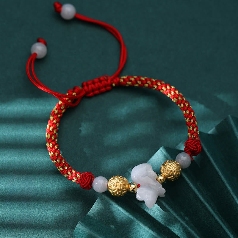 Handmade Jade & Sterling Silver Chinese Zodiac Red String Adjustable Bracelet