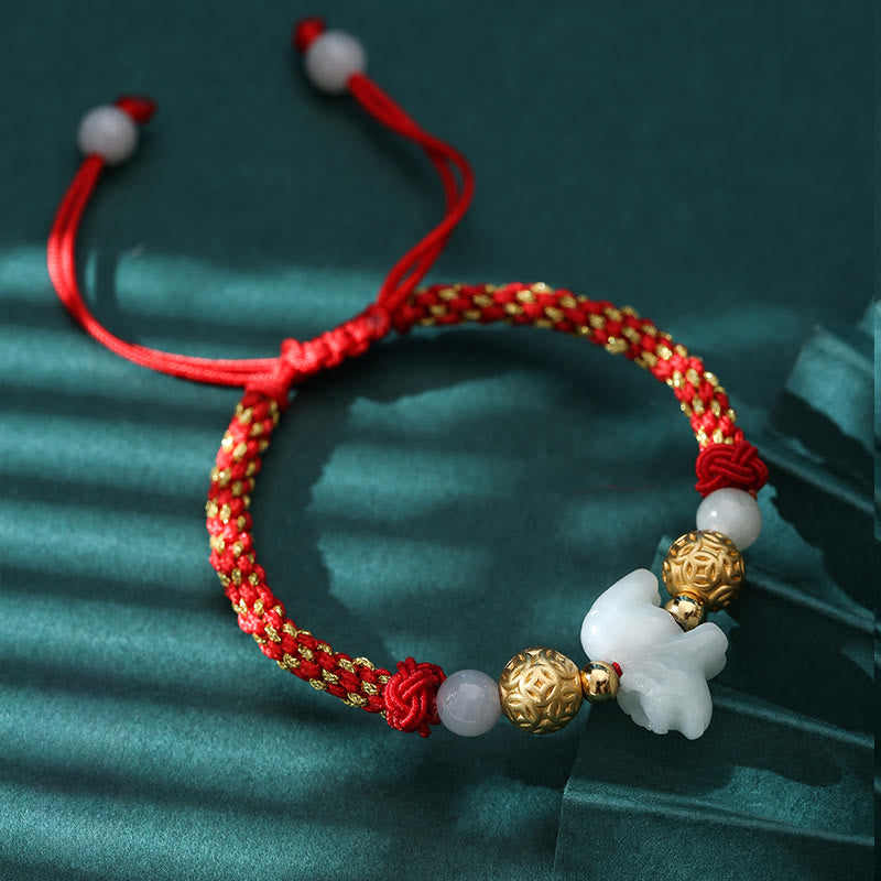 Handmade Jade & Sterling Silver Chinese Zodiac Red String Adjustable Bracelet
