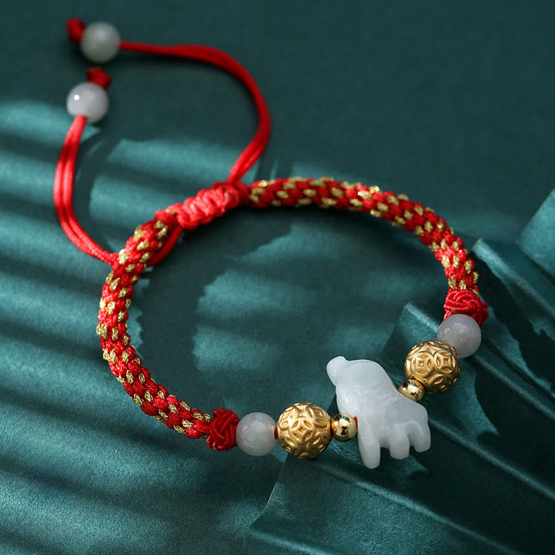 Handmade Jade & Sterling Silver Chinese Zodiac Red String Adjustable Bracelet