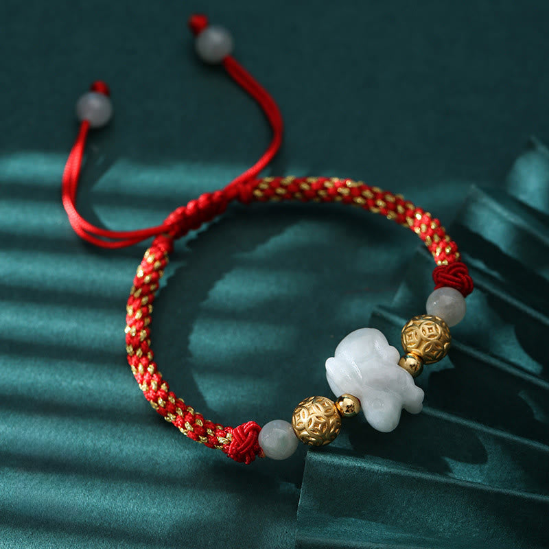 Handmade Jade & Sterling Silver Chinese Zodiac Red String Adjustable Bracelet