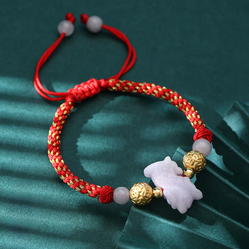 Handmade Jade & Sterling Silver Chinese Zodiac Red String Adjustable Bracelet