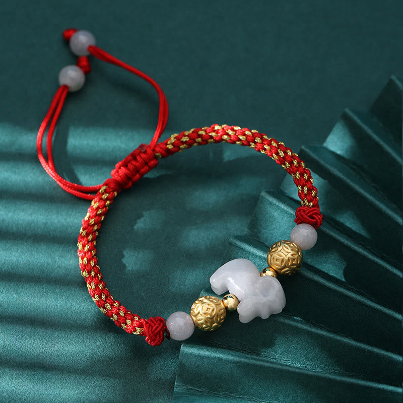 Handmade Jade & Sterling Silver Chinese Zodiac Red String Adjustable Bracelet