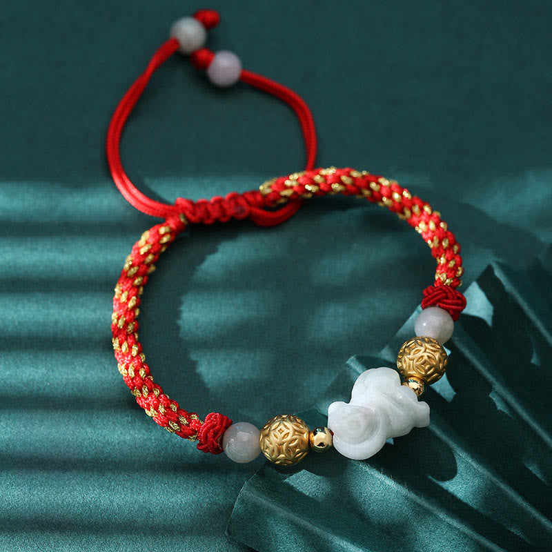 Handmade Jade & Sterling Silver Chinese Zodiac Red String Adjustable Bracelet