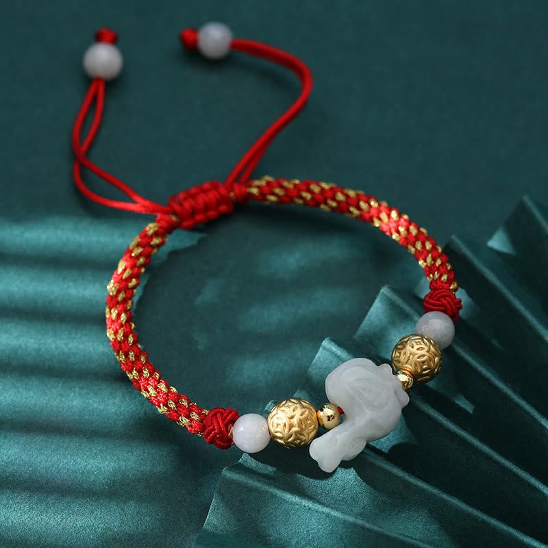 Handmade Jade & Sterling Silver Chinese Zodiac Red String Adjustable Bracelet