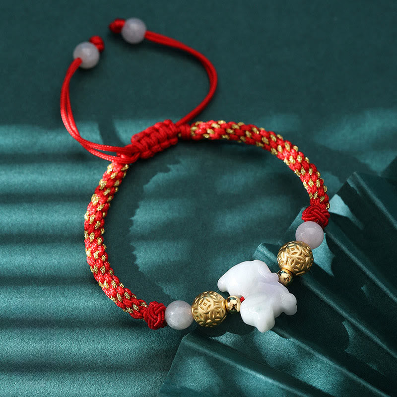 Handmade Jade & Sterling Silver Chinese Zodiac Red String Adjustable Bracelet