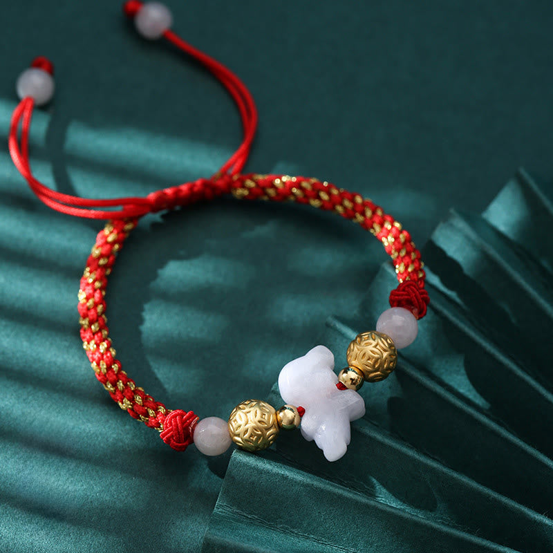 Handmade Jade & Sterling Silver Chinese Zodiac Red String Adjustable Bracelet