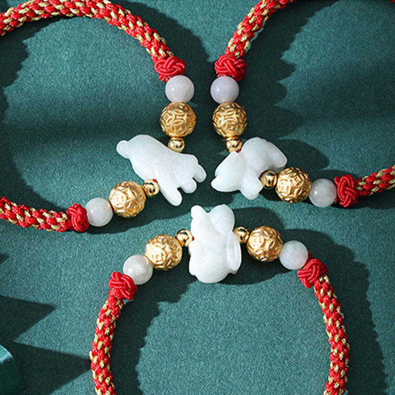 Handmade Jade & Sterling Silver Chinese Zodiac Red String Adjustable Bracelet