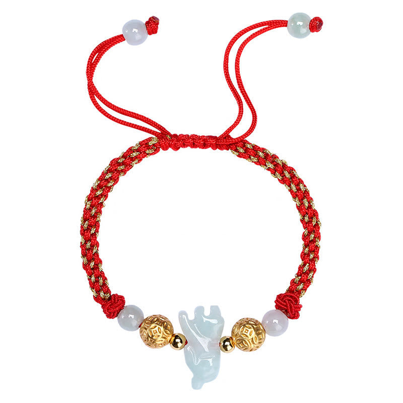 Handmade Jade & Sterling Silver Chinese Zodiac Red String Adjustable Bracelet