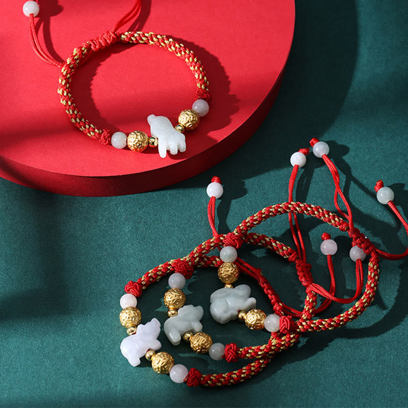 Handmade Jade & Sterling Silver Chinese Zodiac Red String Adjustable Bracelet