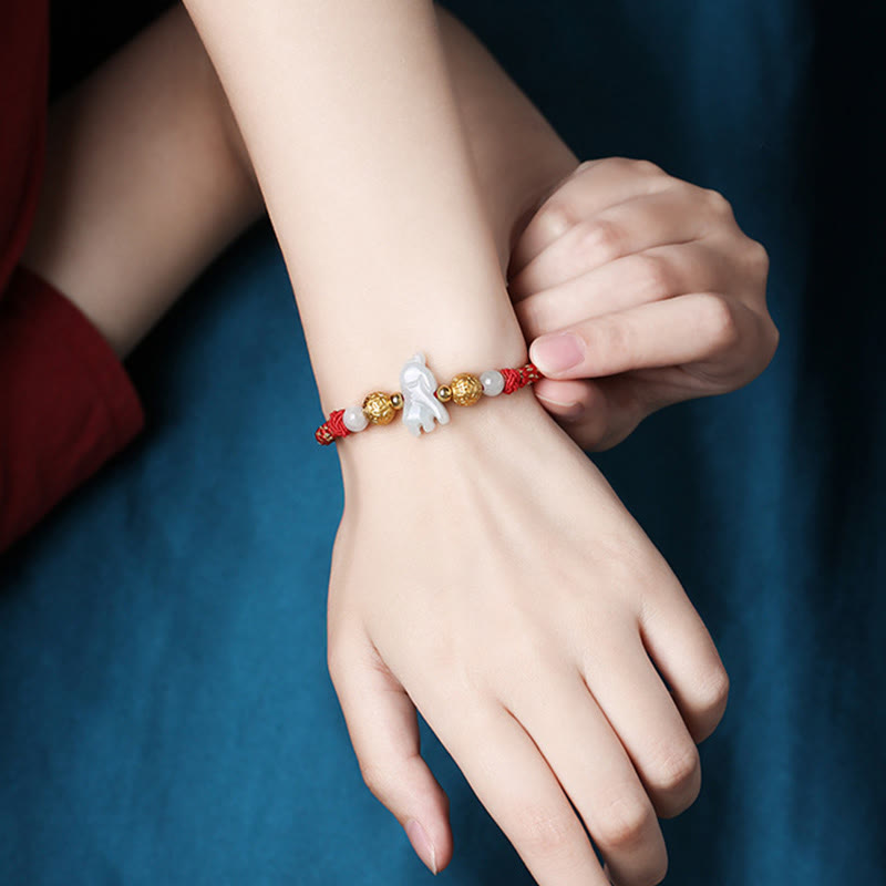 Handmade Jade & Sterling Silver Chinese Zodiac Red String Adjustable Bracelet
