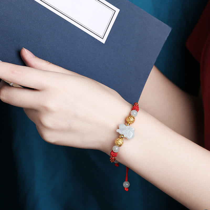 Handmade Jade & Sterling Silver Chinese Zodiac Red String Adjustable Bracelet