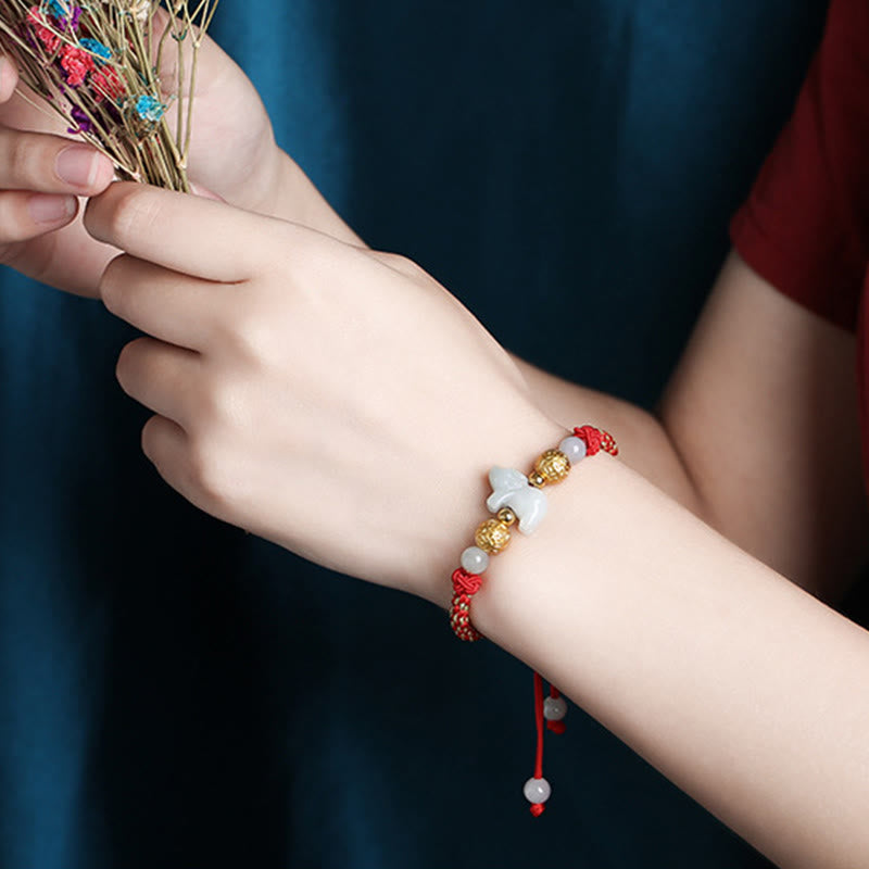 Handmade Jade & Sterling Silver Chinese Zodiac Red String Adjustable Bracelet