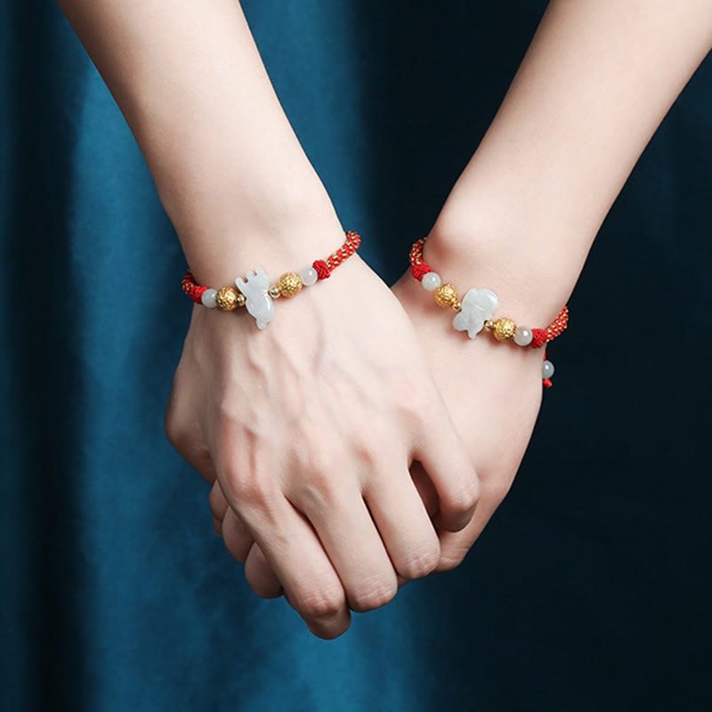 Handmade Jade & Sterling Silver Chinese Zodiac Red String Adjustable Bracelet