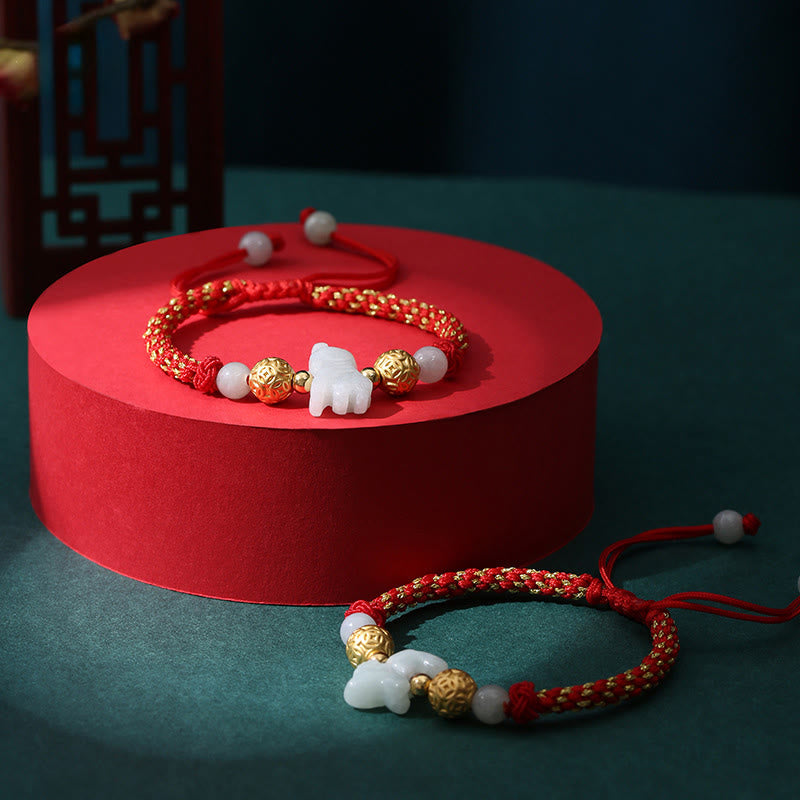 Handmade Jade & Sterling Silver Chinese Zodiac Red String Adjustable Bracelet