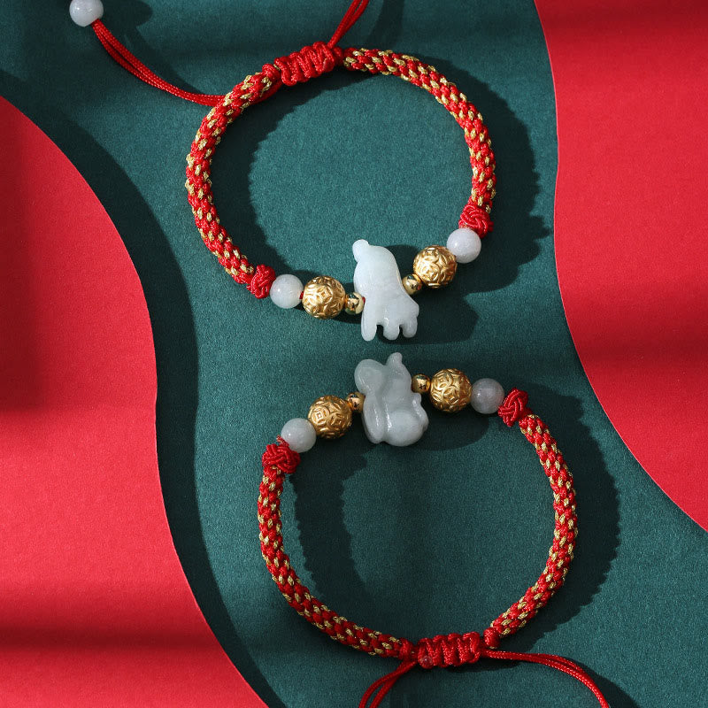 Handmade Jade & Sterling Silver Chinese Zodiac Red String Adjustable Bracelet
