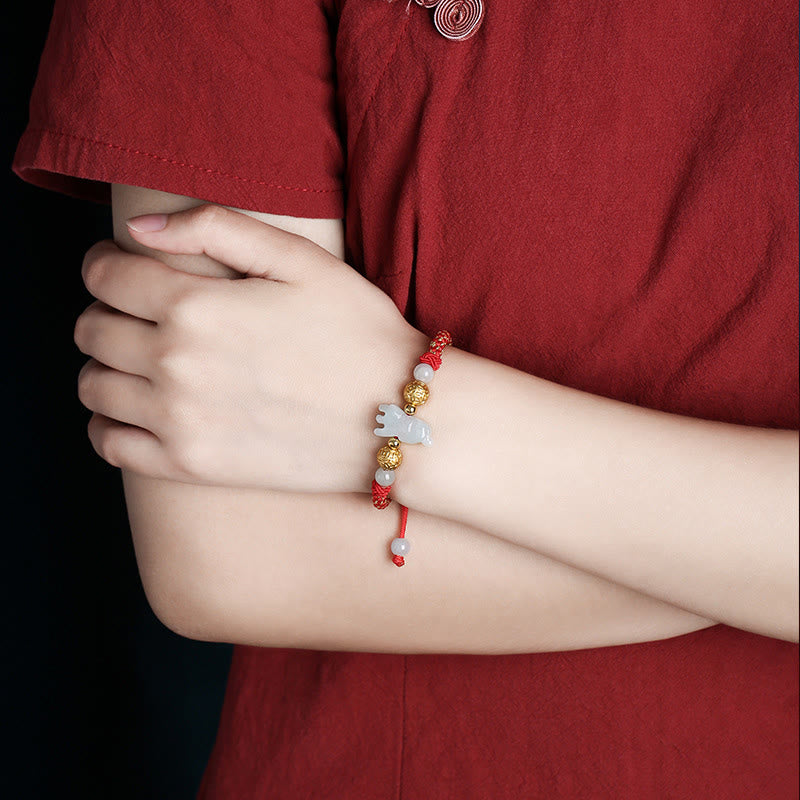 Handmade Jade & Sterling Silver Chinese Zodiac Red String Adjustable Bracelet