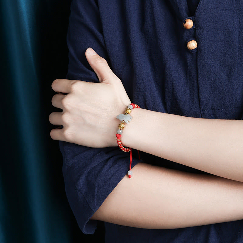 Handmade Jade & Sterling Silver Chinese Zodiac Red String Adjustable Bracelet