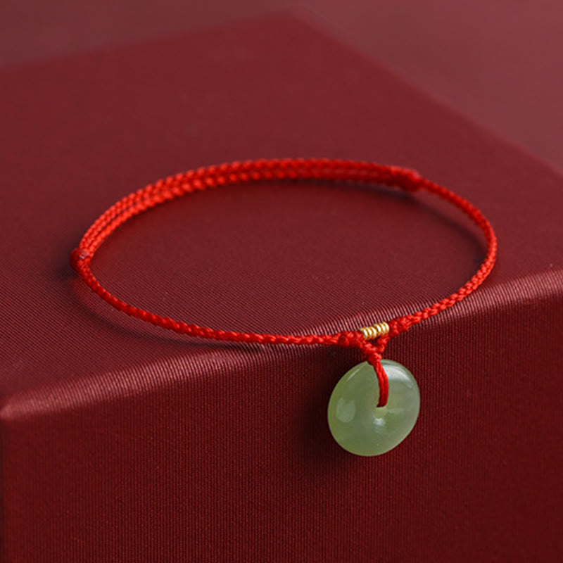 Natural Hetian Jade Ping An Kou Peace Buckle Red String Bracelet & Anklet