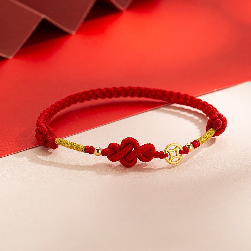 Braided Red String Bracelet with Copper Chinese Coin and Endless Knot