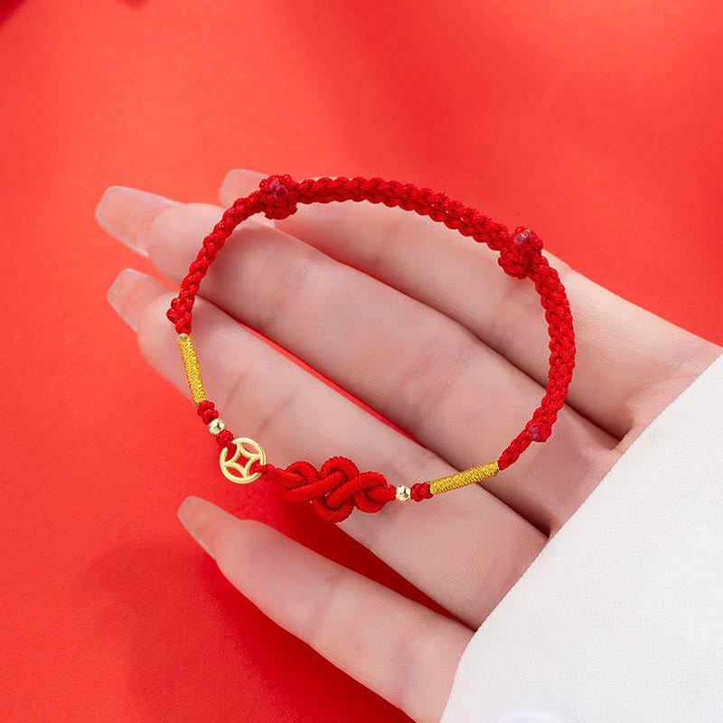 Braided Red String Bracelet with Copper Chinese Coin and Endless Knot
